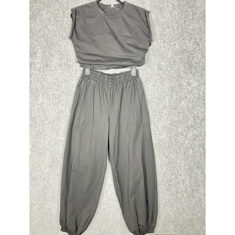 Women's Black 2 Piece Crop Top Jogger Pants Set Sleeveless Casual Lounge Outfit